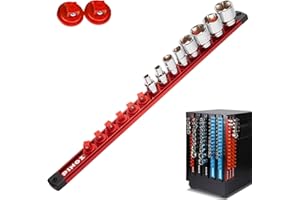PINOZE 3/8" Magnetic Socket Holder Organizer - Aluminum Alloy Socket Rail Tray for Tool Box Drawer, Socket Rack with Extra 2Pcs Replacement Clips for Automotive Garage(Red)