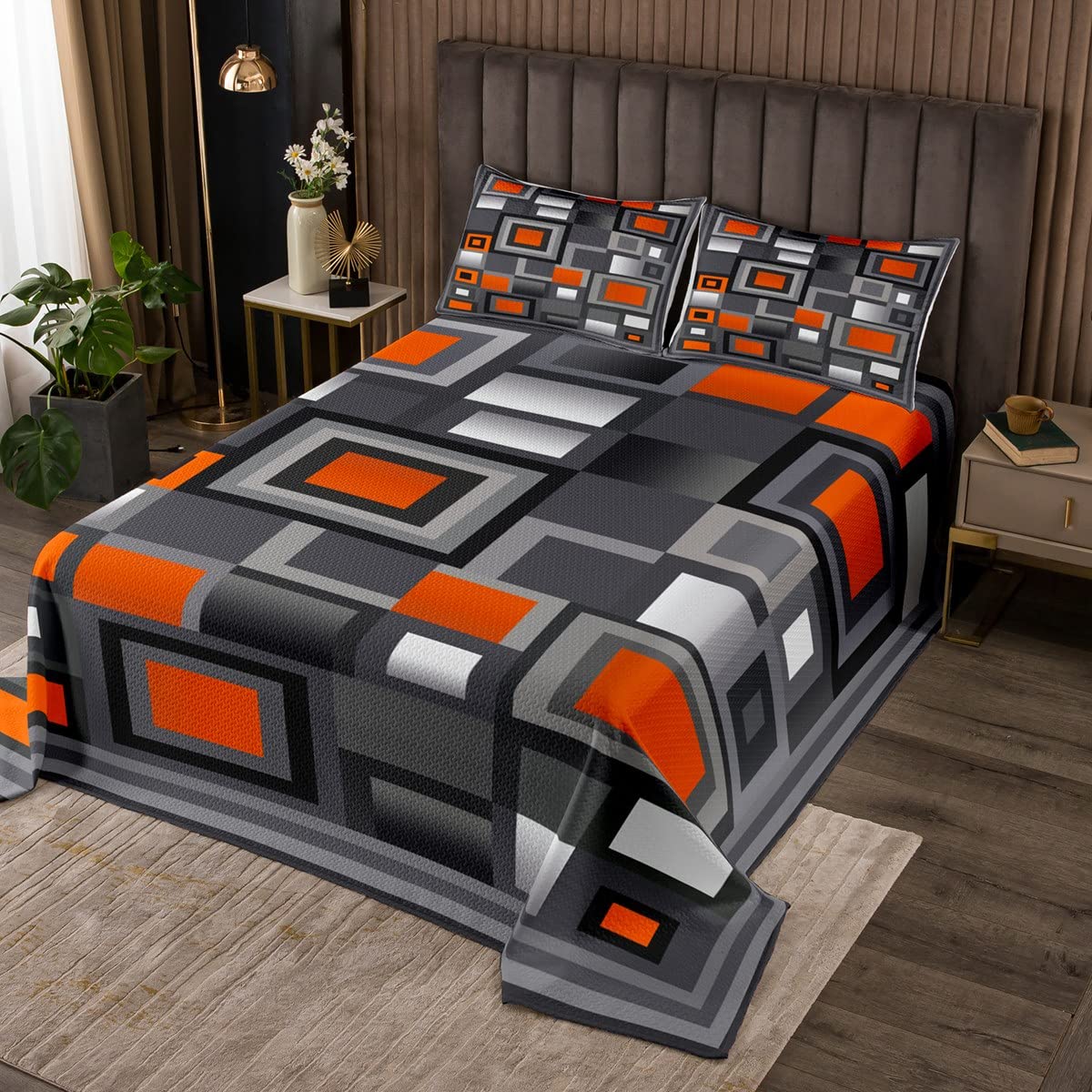 Geometric Grid Bedspread Set Double Size for Kids,Orange White and Gray Quilt Set Modern Abstract Coverlet Geometric Square Splicing Bedspread 3 Pcs Decorative Bedding Quilted with 2 Pillow Shams