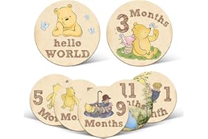 ALODR 7 Pcs Winnie Baby Monthly Milestone Markers, Winnie Double Sided Winnie Baby Months Wooden Signs with Storage Bag, Winnie Baby Monthly Announcement Wooden Discs, Winnie Milestone Pictures of Newborn