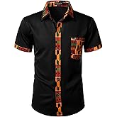 LucMatton Men's Kente Print Short Sleeve Button Down Dress Shirt African Attire Tribal Graphic Dashiki Shirts