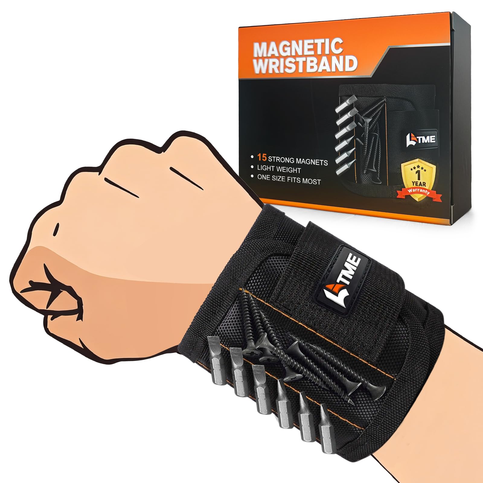 LATME Magnetic Wristband with 15 Strong Magnets for Holding Screws Nails Drill Bits-Best Armband Tool for DIY Handyman Unique Gift for Men (Black)