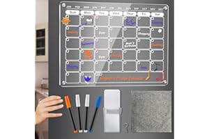 Vansdon Acrylic Magnetic Calendar for Fridge, 12"x16" Clear Magnetic Fridge Monthly Calendar Dry Erase Planning Boards Set includes 4 Colorful Highlight Markers, Magnetic Pen Holder and Erase Towel