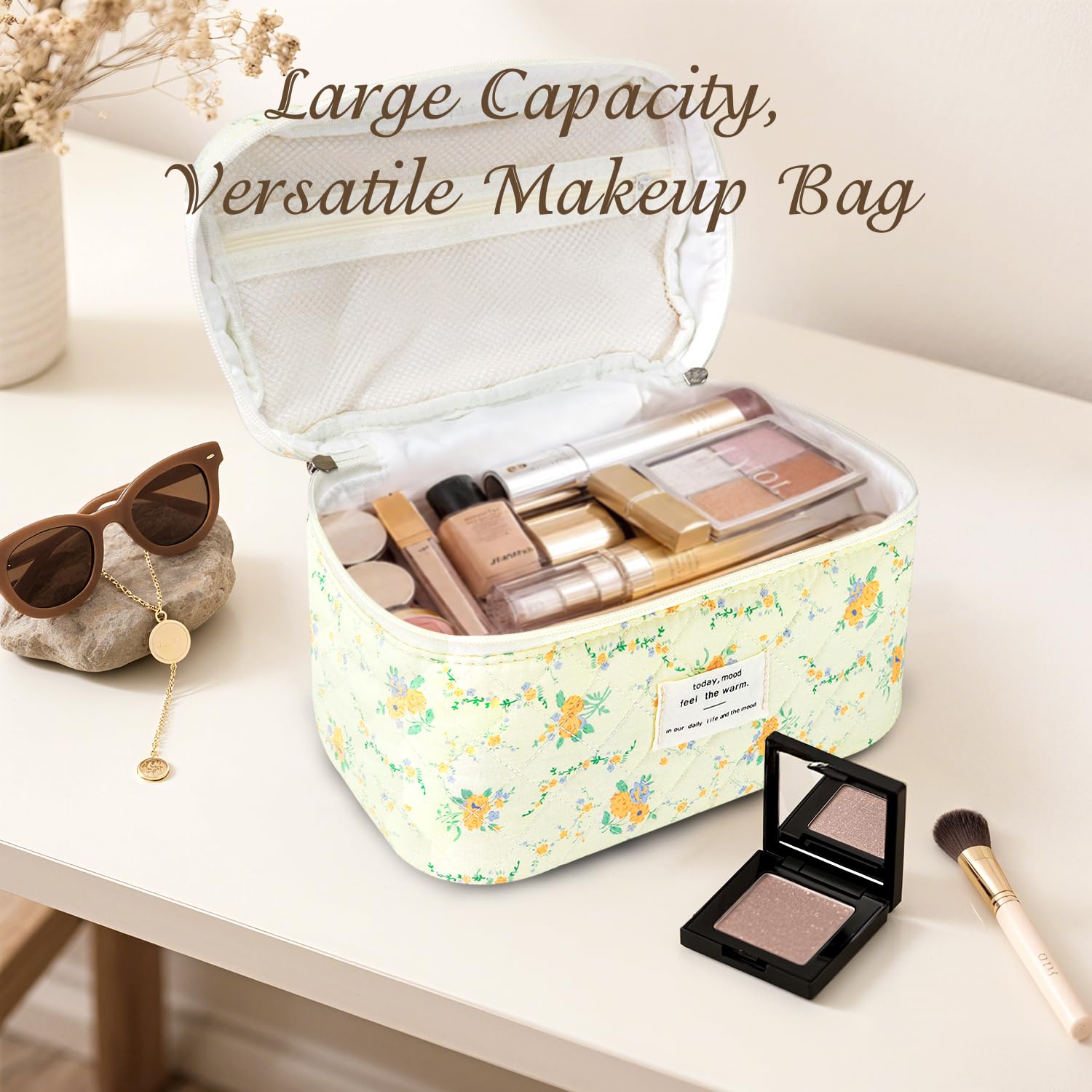 Givurao 3Pcs Cotton Quilted Makeup Bag for Women Girls, Large Floral Cosmetic Bag Set Cute Makeup Brushes Aesthetic Accessories Storage Bag Yellow Daylily Flower Travel Toiletry Bag Organizer