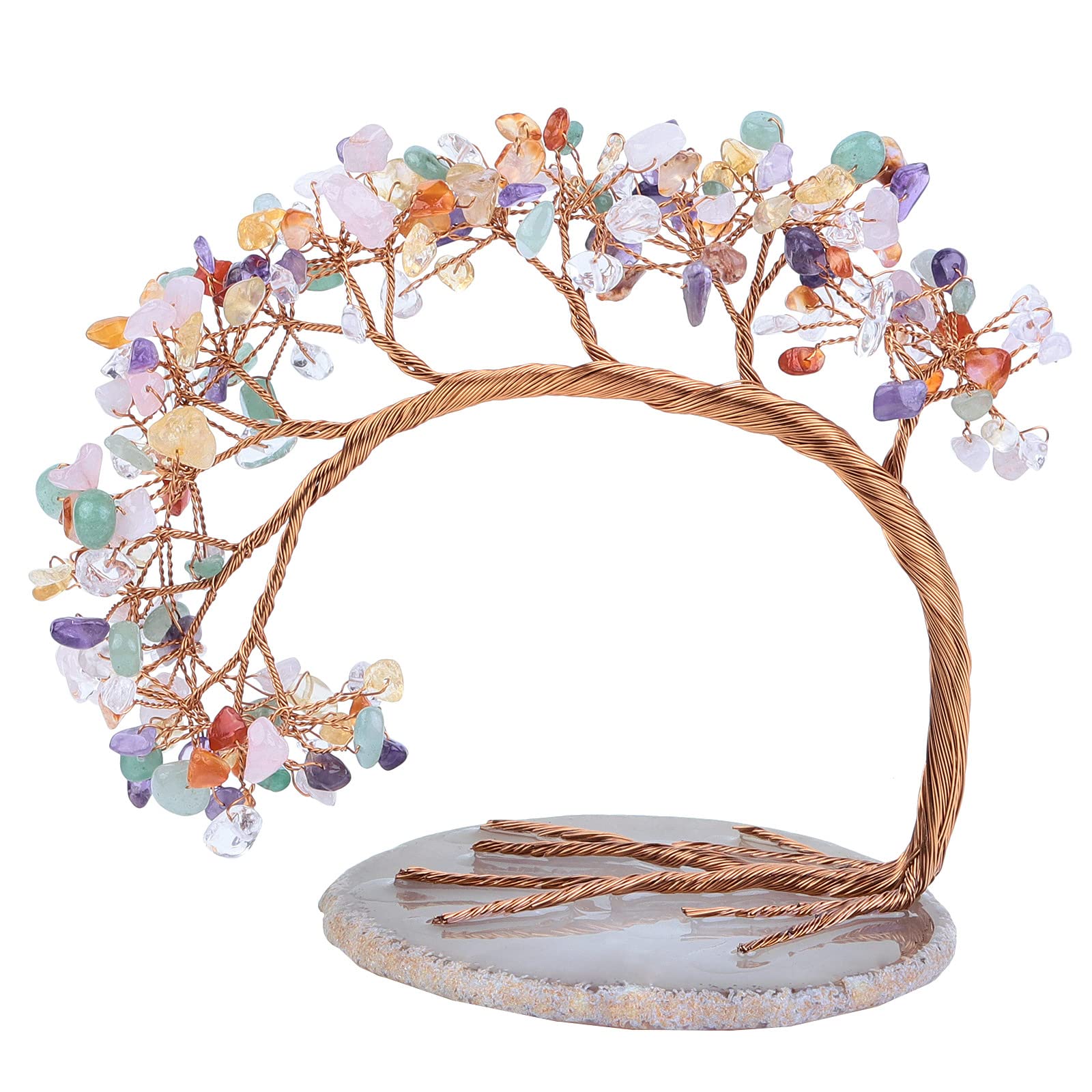 mookaitedecor Natural Chakras Crystal Stone Money Tree with Agate Slice Base for Office Home Decor Wealth Luck, Semi Precious Healing Crystal Stone Feng Shui Tree Ornaments, Height 4.5-5.2"