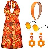 SATINIOR 4 Pcs 60s 70s Women's Hippie Costume Retro Disco Outfit Groovy Dress Headband Earring Sunglasses for Halloween Party