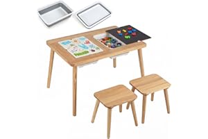 Costzon Sensory Table and Chairs, Wooden Kids Activity Table Set w/Double-Sided Boards & 2 Foldable Storage Bins, All-in-One 