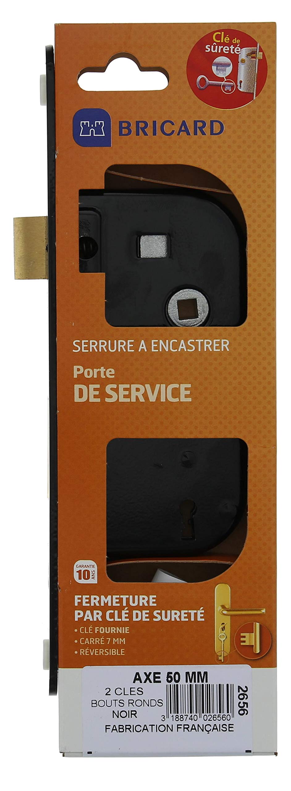 Bricard 2656 Recessed Lock with 50 mm Spindle for Bedroom Door, Interior or Service Door, 4 Throat Keys Black