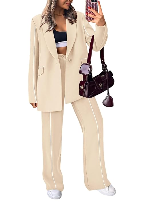 PRETTYGARDEN Women's Fall Spring 2 Piece Blazer Outfits Business Casual Oversized Jacket Wide Leg Work Pants Dressy Suit Set (Beige,XX-Large)