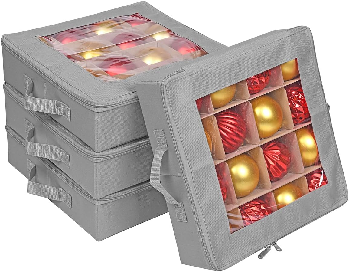 Holiday Décor Storage - ProPik 4 Pcs Christmas Ornament Storage Boxes with Dividers, Transparent Top, Zipper Closure & Handles- 4 Individual Ornament Holder Trays- Keeps 64 Holiday Ornaments- Durable Ornament Organizer Storage Box (Gray)