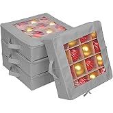 ProPik 4 Pcs Christmas Ornament Storage Boxes with Dividers, Transparent Top Zipper Closure, 4 Individual Ornament Holder Trays, Keeps 64 Holiday Ornaments, Ornament Organizer Storage Box (Gray)