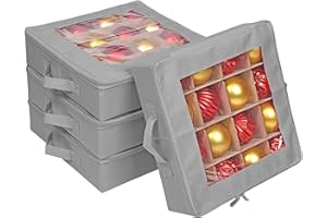 ProPik 4 Pcs Christmas Ornament Storage Boxes with Dividers, Transparent Top Zipper Closure, 4 Individual Ornament Holder Trays, Keeps 64 Holiday Ornaments, Ornament Organizer Storage Box (Gray)