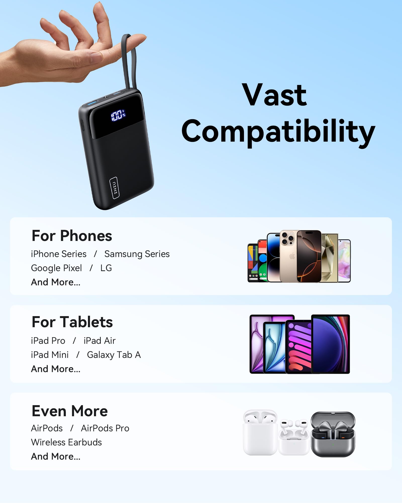 INIU 45W Portable Charger, Smallest 20000mAh Power Bank with Build in USB-C Cable, Fast Charging USB C in&Out Battery Pack, Travel Phone Charger for iPhone 17 16 15 Air Samsung S25 S24 Google iPad etc
