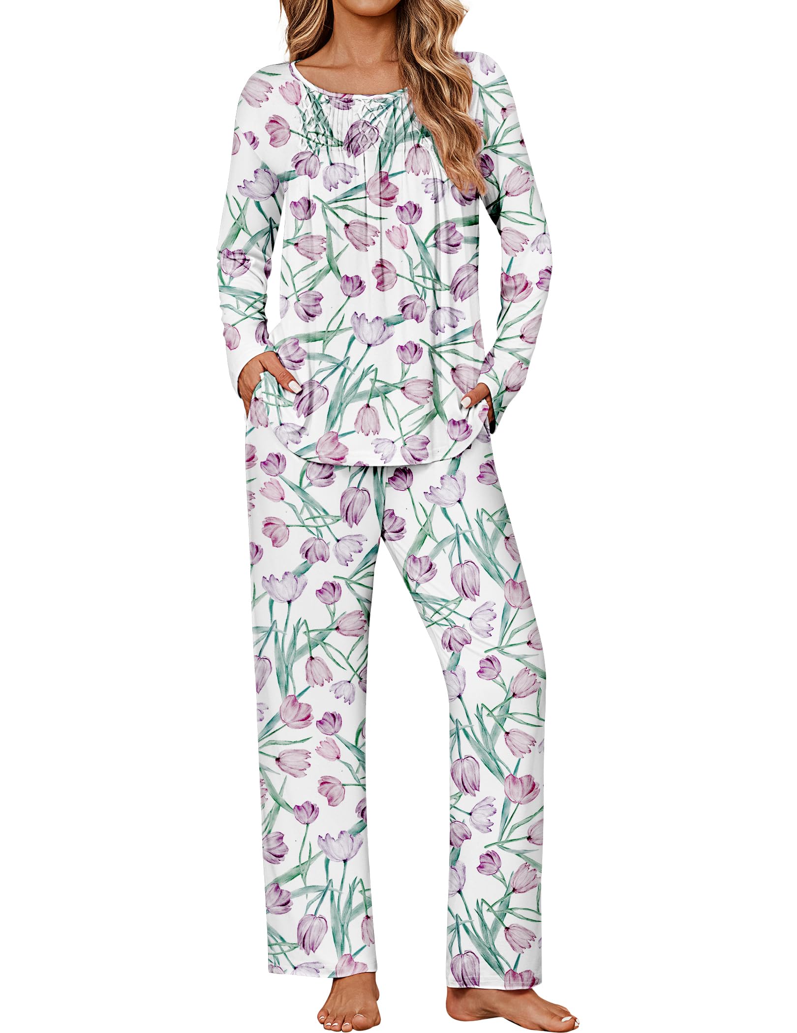 Ekouaer Womens Pajama Sets Fall Long Sleeve Pajamas for Women Trendy Pleated Pjs Sets Comfy 2 Piece Lounge Set with Pockets Purple Flower Medium