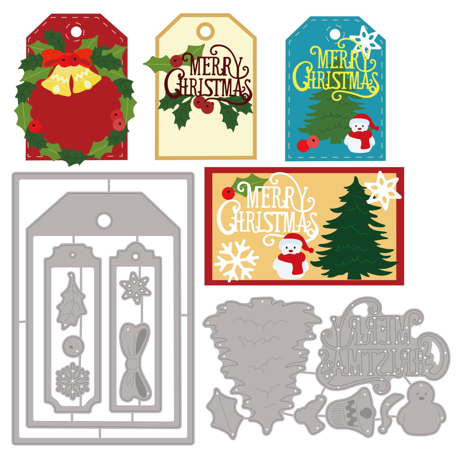 INFUNLY Tag Dies for Card Making Merry Christmas Word Cutting Die Christmas Tree Metal Die Cuts Snowflake Snowman Bells Die Cuts for Card Making DIY Scrapbooking Album Christmas Card Craft Decor