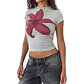 Womens Baby Tees Flower Graphic Print Y2k Tops Flower Aesthetic Slim Fit Crop Top