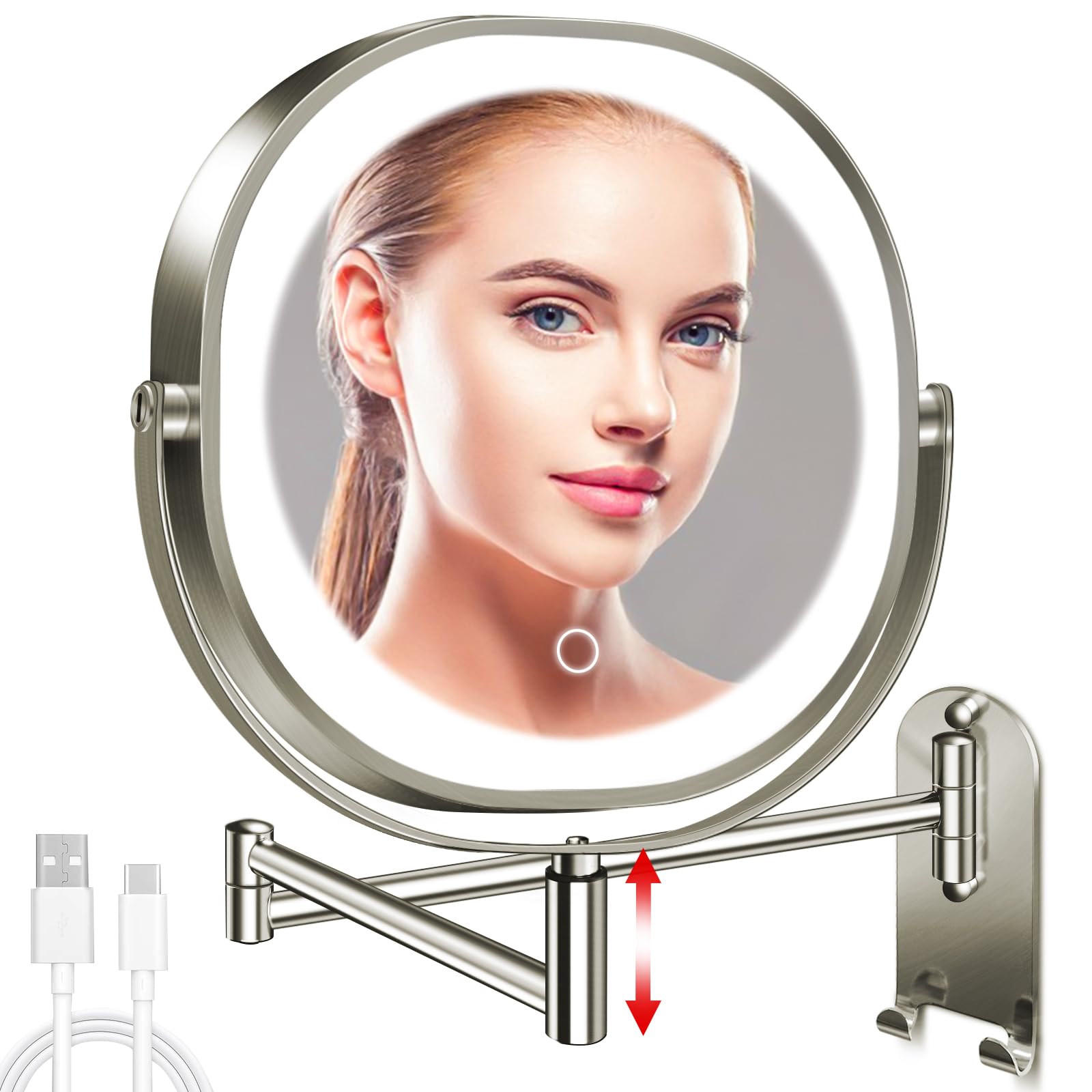 Photo 1 of CONLWIN 9" Wall Mounted Lighted Makeup Mirror, 3000mAh Rechargeable Double Sided 1X/10X Magnifying Mirror with Hook, 3 Color Lights Dimmable 360° Rotation Vanity Mirror for Bathroom