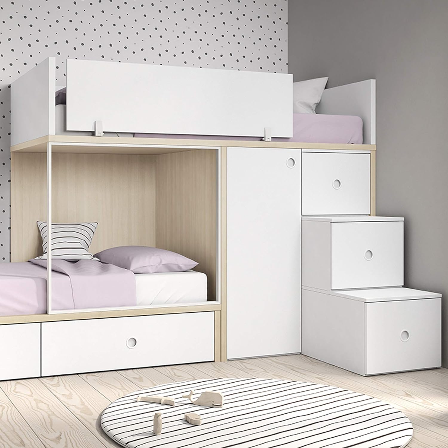 Meubles ROS Lit superposé avec 2 tiroirs, Armoire à 1 Porte et escalier