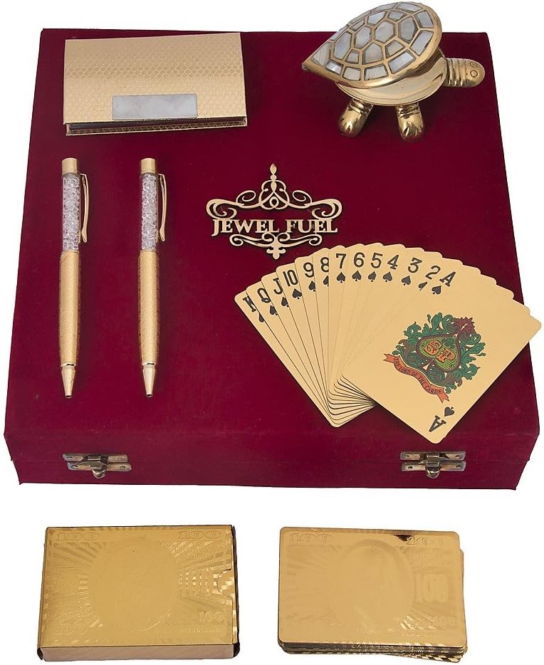 JEWEL FUEL 24K Gold Playing Card, 2 Gold Plated Pen,Gold Plated Visiting Card Holder, Fengshui Tortoise Gift Set