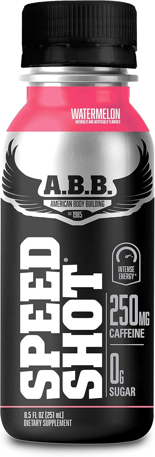 American Body Building (ABB) Speed Shot, Caffeine Shake, Pre-Workout, Intense Energy Shot with Zero Sugar, Watermelon Flavored Ready to Drink 8.5 oz Bottles, 12 Count: Health & Personal Care