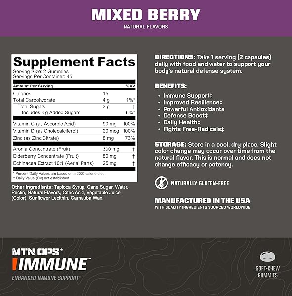 MTN OPS IMMUNE GUMMIES IMMUNE SUPPORT SUPPLEMENT, 90 GUMMIES WITH ELDERBERRY & ARONIA BERRY IMMUNE BOOSTER FOR ADULTS, MIXED BERRY FLAVOR & NATURALLY GLUTEN FREE