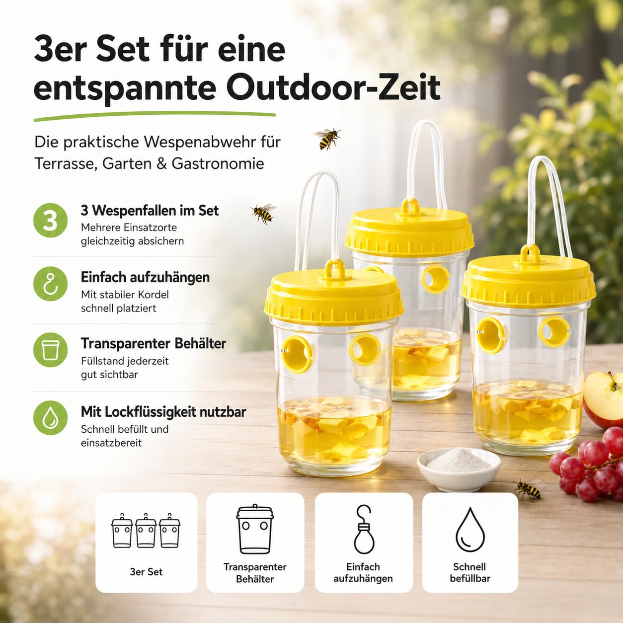 Wespenfallen – Starke Wespenabwehr für Außenbereiche – praktische Lösung gegen Wespen für Garten, Balkon und Outdoor - Insektenfalle (3X) 3