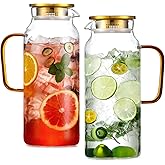 2 Pack 2 Liter/68 oz Glass Pitcher with Lid, Water Pitchers with Handle for Fridge, Large Jug for Iced Tea, Coffee, Borosilicate Glass Carafe for Hot/Cold Brew Drink and Homemade Beverage, Gold