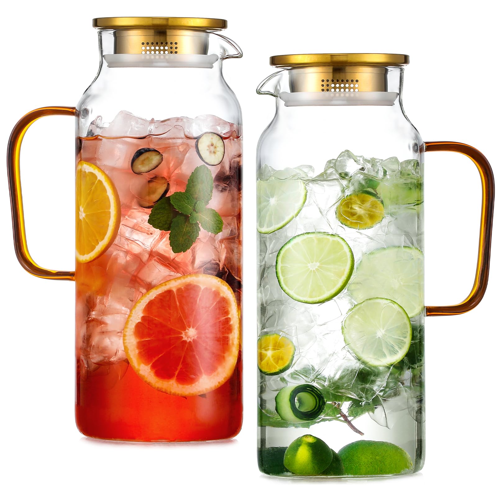 Photo 1 of 2 Pack 2 Liter/68 oz Glass Pitcher with Lid, Water Pitchers with Handle for Fridge, Large Jug for Iced Tea, Coffee, Borosilicate Glass Carafe for Hot/Cold Brew Drink and Homemade Beverage, Gold