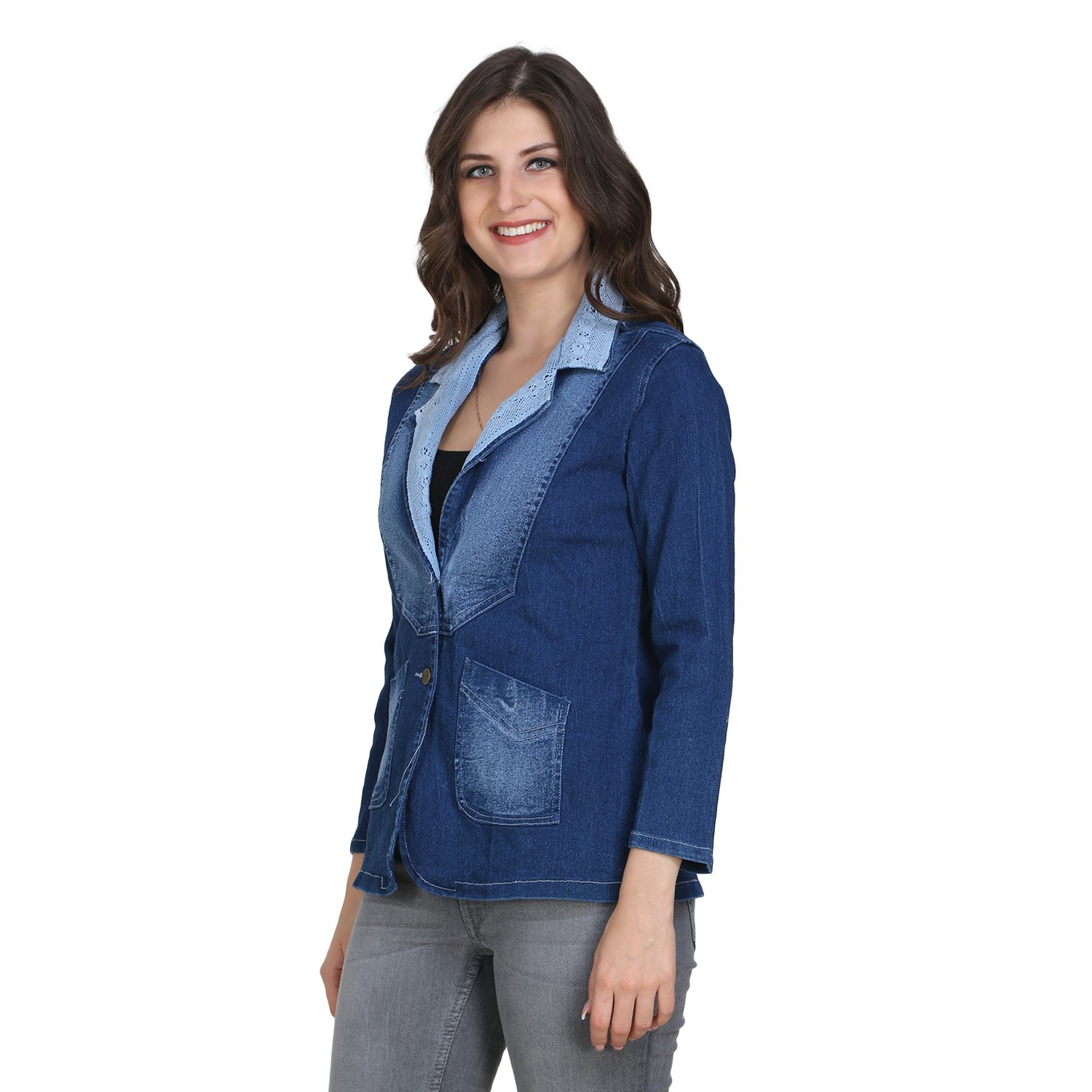 dimpy garments buynewtrend blue full sleeve denim blazer/jacket for women