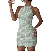 WDIRARA Women's Floral Bodycon Halter Dress Sleeveless Tie Backless Mini Dresses