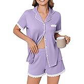 Ekouaer Womens Short Sleeve Pajamas Set Soft Sleepwear Button Down Lounge Set Lace Top and Shorts Pj Nightwear