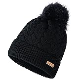 accsa Women Winter Knit Beanie Soft Faux Fur Pom Pom Cable Hat Warm Fleece Lined Chunky Knit Cuffed Beanie Hats for Women