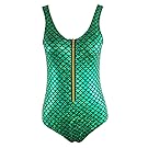 Remelon Womens Glitter Mermaid Scale Print High Cut One Piece Swimwear Bathing Suits with Golden Zipper XL