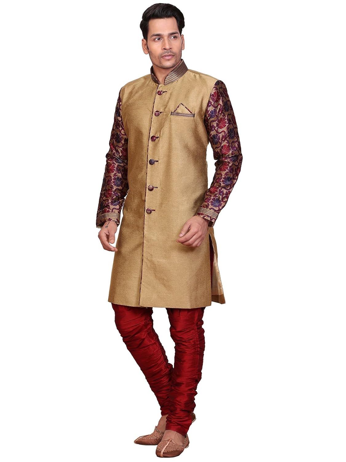 a.b.c. garmentsgolden sherwani with maroon printed sleeve for mens
