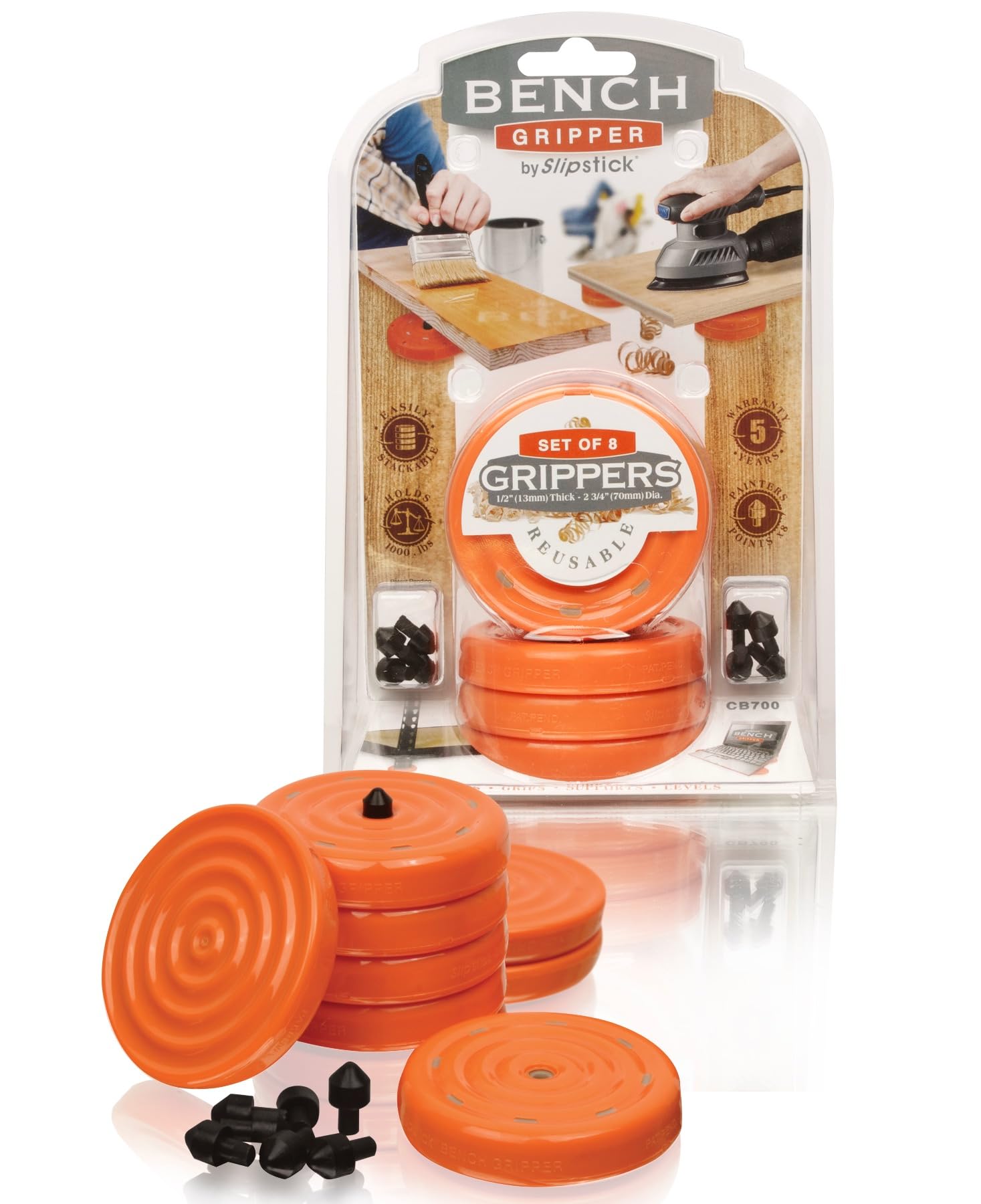 Slipstick CB700 Universal Bench Grippers with Non Slip Grip Surface (Set of 8 Grips with Painter Points) 7 cm Round - Orange