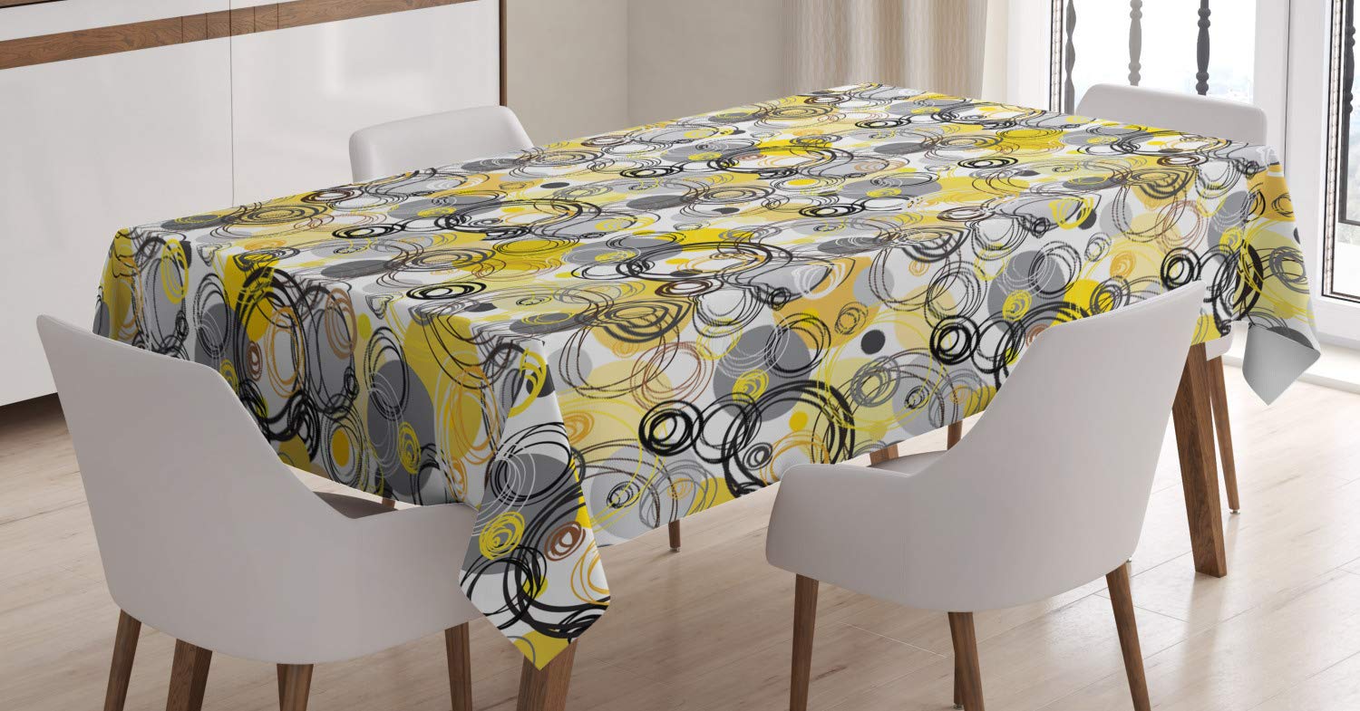 ABAKUHAUS Grey and Yellow Tablecloth, Hand Drawn Sketchy Geometrical Retro Modern Circles Image, Dining Room Kitchen Table Cover, 54" x 94", White Beige Black and Brown — image 1