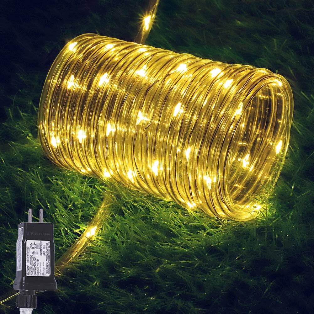 Hopolon Outdoor Rope String Lights, 4.5V Safety UL Plug Powered Waterproof Tube Light with 100 LED, 33 feet 8 Modes Copper Fairy Lights for Garden Fence Patio Yard Wedding Christmas Hall(Warm White)