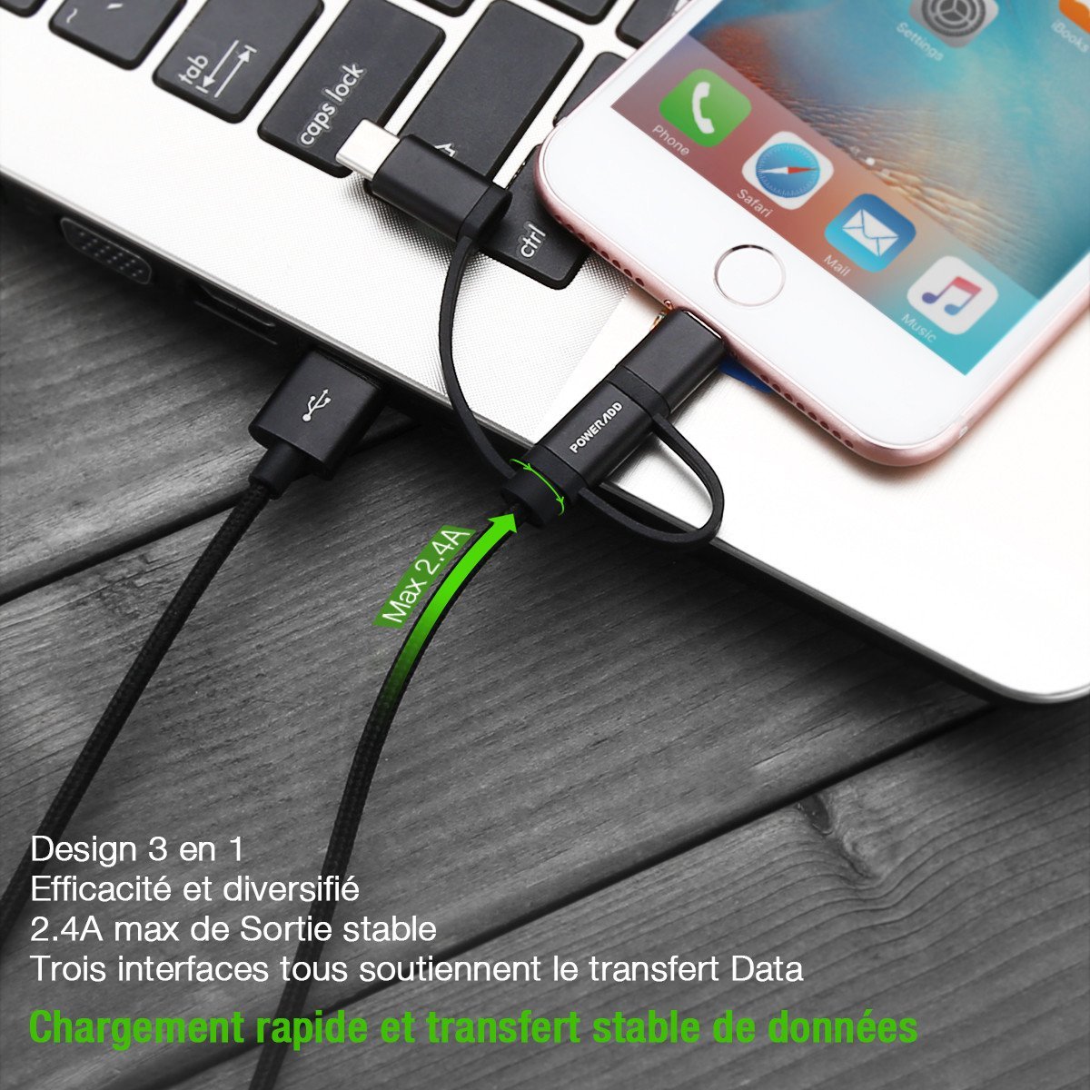 Poweradd 3 en 1 Câble de chargeur multi-Câble avec Adapteur 8 Pin Lightning/Type-C / Micro USB pour iPhone/iPad/Samgung/Nexus/Asus téléphone portable de type C-Noir