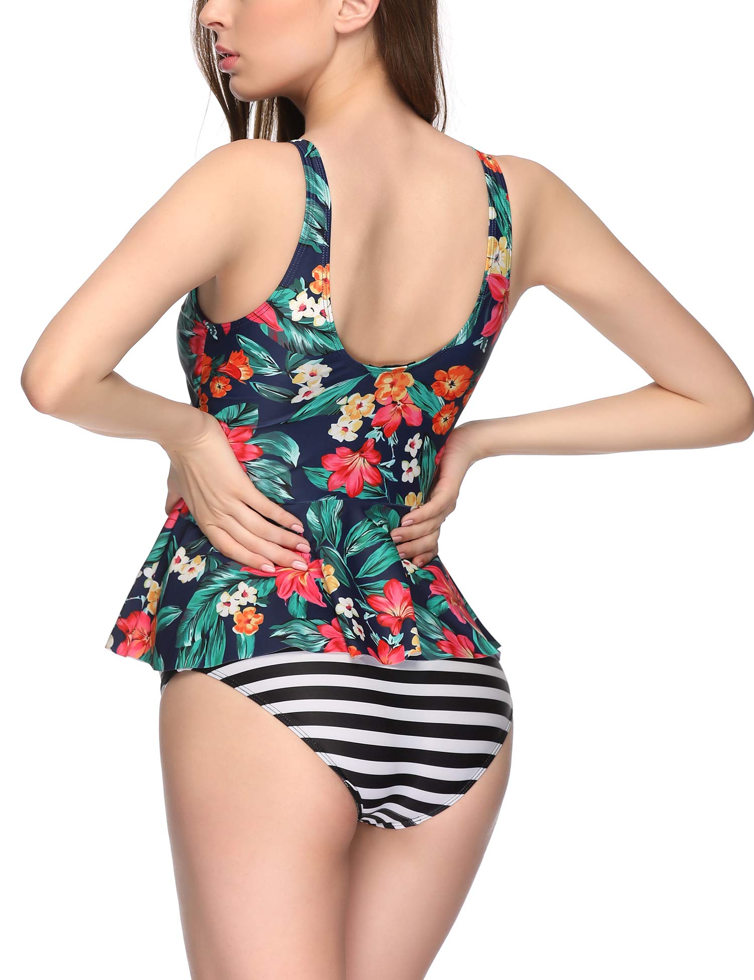 Verano Playa Women Tankini Swimsuit Ruched Ruffle Racerback Two Piece Striped Print Bathing Suit Tummy Control Swimwear
