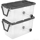 160 Quart Wheeled Stacker, Extra Large Durable Clear Bin, Latch Lid and Pull Handle, Gray, 2 Count