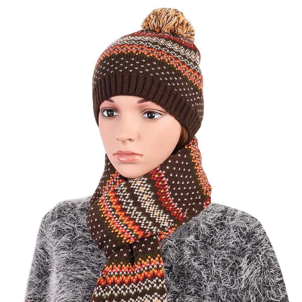Vbiger Wintermütze klassische Beanie Mütze Damen Mütze und Schal Warm Strickmütze und Strickschal 2 PCS, Kaffee+, Einheitsgröße