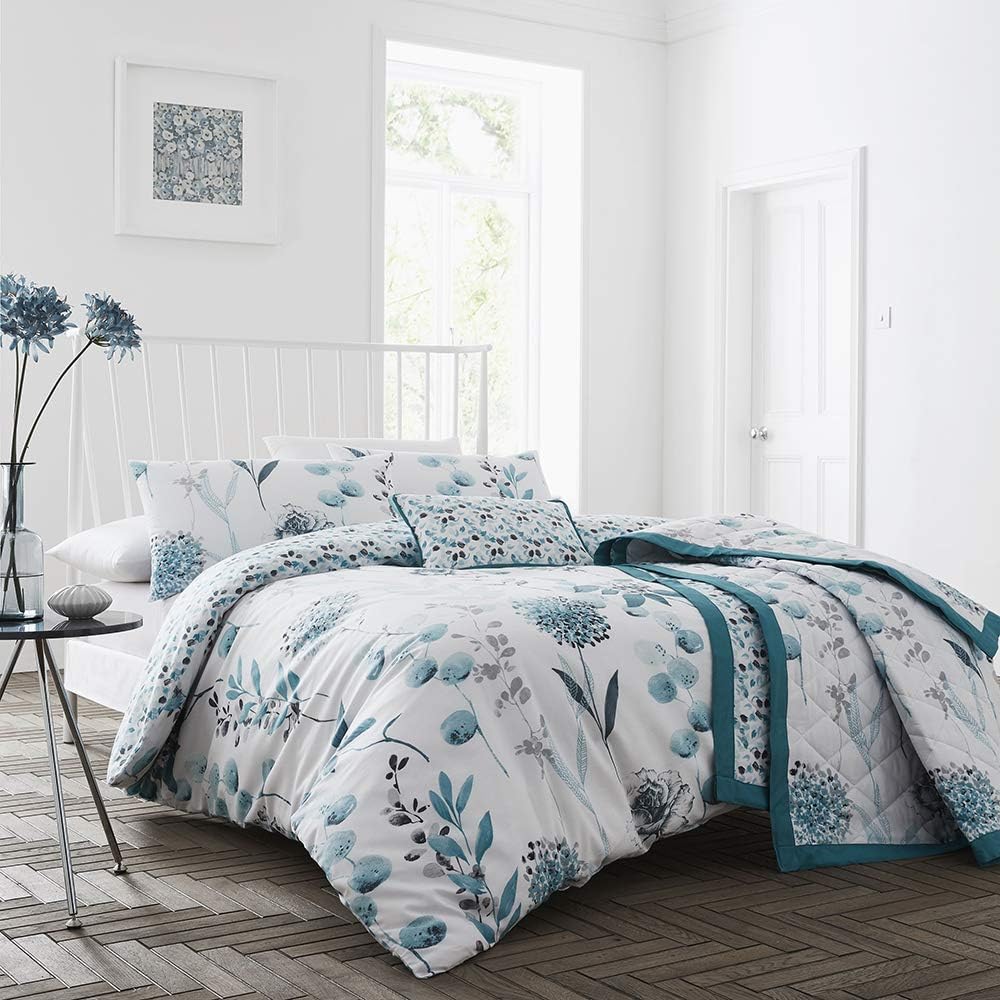 Lancashire Textiles Inky 200 TC Printed Floral Duvet Set with Pillowcases in Teal - SINGLE