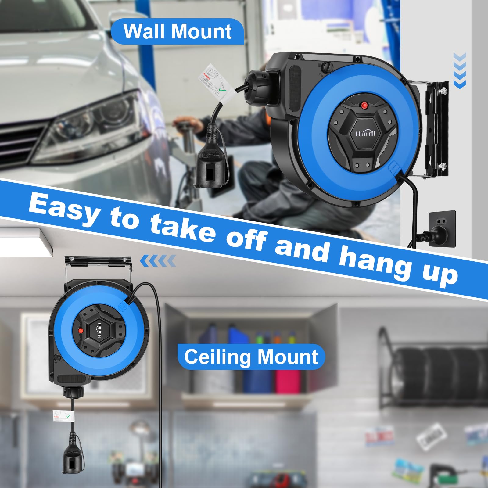 Himimi Automatik Kabeltrommel mit Halterung 15m + 2m, 1500W ~ 3000W Kabelaufroller Automatisch, Verlängerungskabel außen Wandmontage, Überlastschutz, Wand Deckenmontage, 180° drehbar, Schutzstufe IP44 4