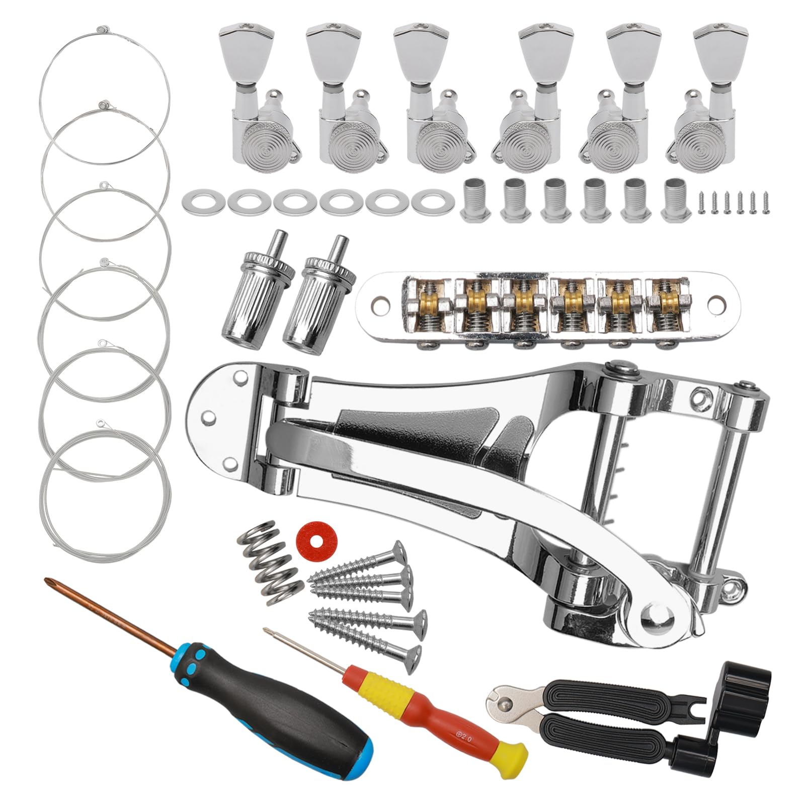 Unxuey Guitar Replacement Parts with Silver Vibrato Tremolo Bridge Tailpiece,Roller Saddle Tune-O-Matic Bridge for Jazz LP Guitar, Guitar Locking Tuners, Strings, String Winder, Screwdrive and Nuts