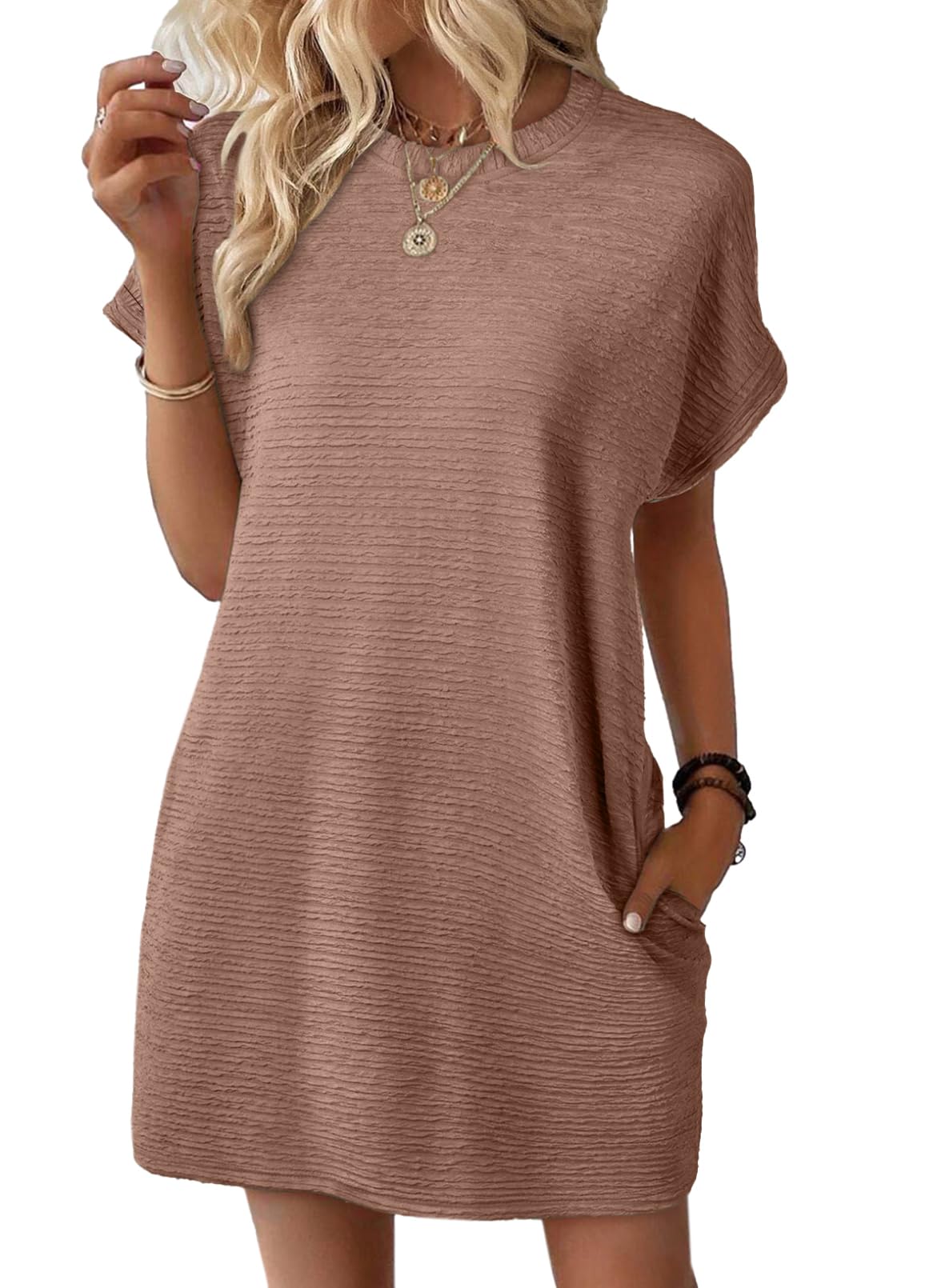 Photo 1 of EVALESS Womens Summer Dresses 2025 Fashion Short Sleeve Cute Spring Mini Dress Crewneck Beach Vacation Clothes Dresses with Pockets Brown Medium
