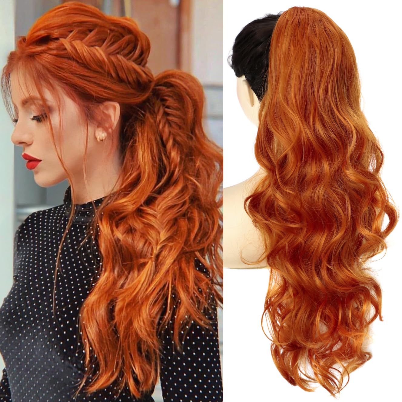 YEESHEDO Ginger Long Wavy Ponytail Hair Extension for Women Drawstring Ponytail Hair Extensions Clip in Curly Synthetic Hairpiece 24 Inches