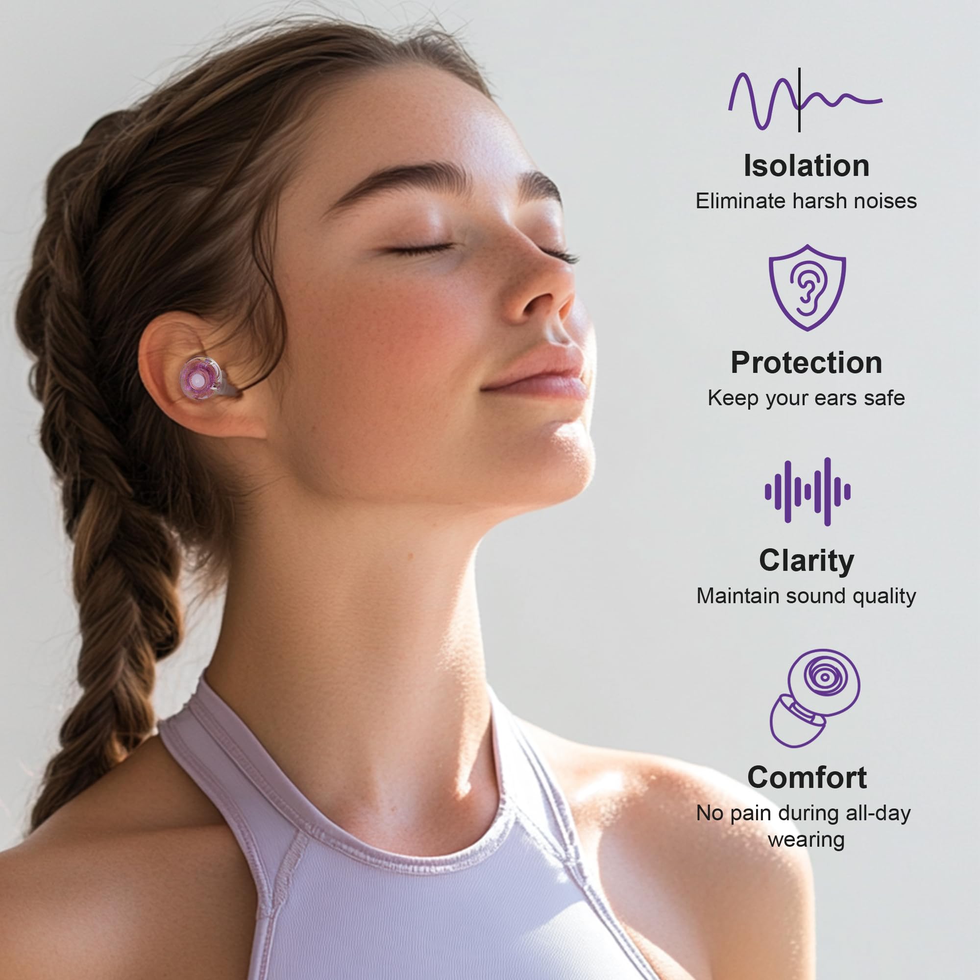 Purple Silicone In-Ear Ear Plugs, 2 Pack High Fidelity Ear Plugs for Concerts, Raves, Work, Musicians, 5 Pair Ear Tips in S/M/L, 18-25 dB Noise Cancelling