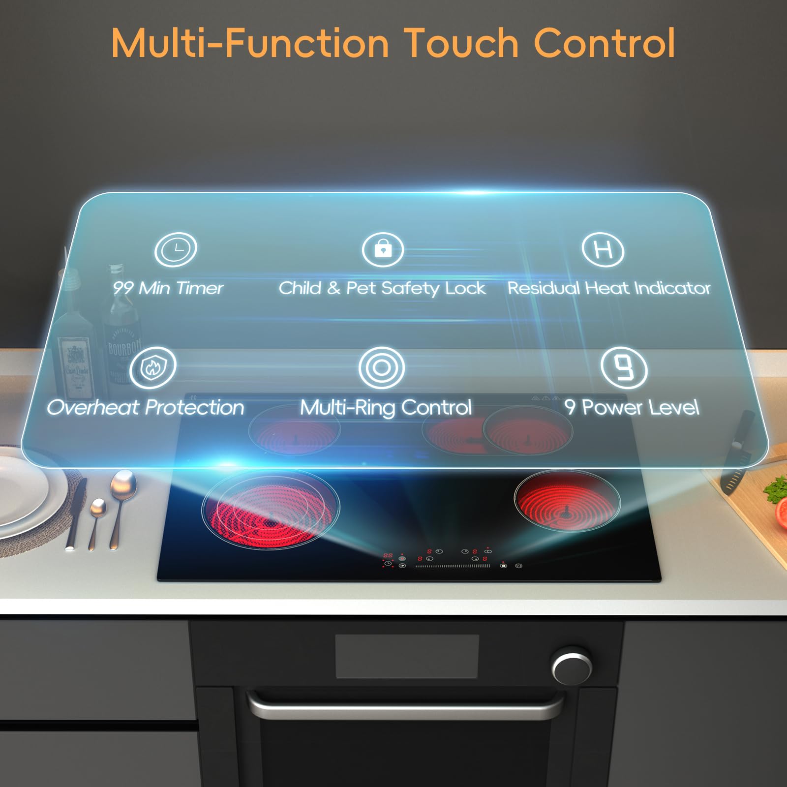 30 inch Electric Cooktop 4 Burner, 7200W Built-in Stove Top Burner with Sensor Touch Control, Radiant Electric Ceramic Cooktop with Safety Lock, 9 Level Power, 99 Min Timer - Hard Wire