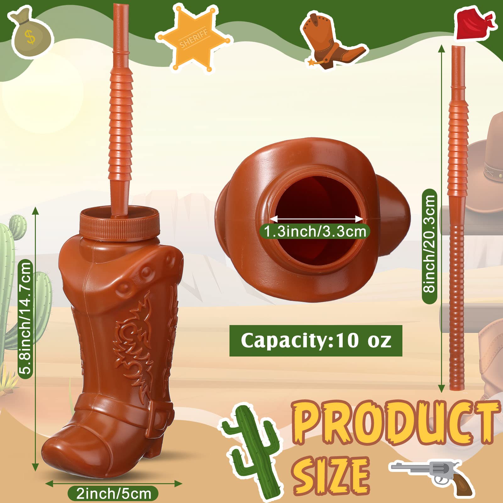 Hoolerry 12 Pcs 10 oz Plastic Cowboy Boot Cups with Straws and Lids Plastic Cowboy Cups for Western Themed Party Supplies and Rodeo Party Decorations (Brown)