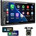 Double Din Car Stereo Compatible with Apple CarPlay and Android Auto - 7inch HD Touchscreen Car Audio Receivers with Bluetooth, Mirror Link, Backup Camera, SWC/USB/AUX/TF/Subwoofer, FM Car Radio