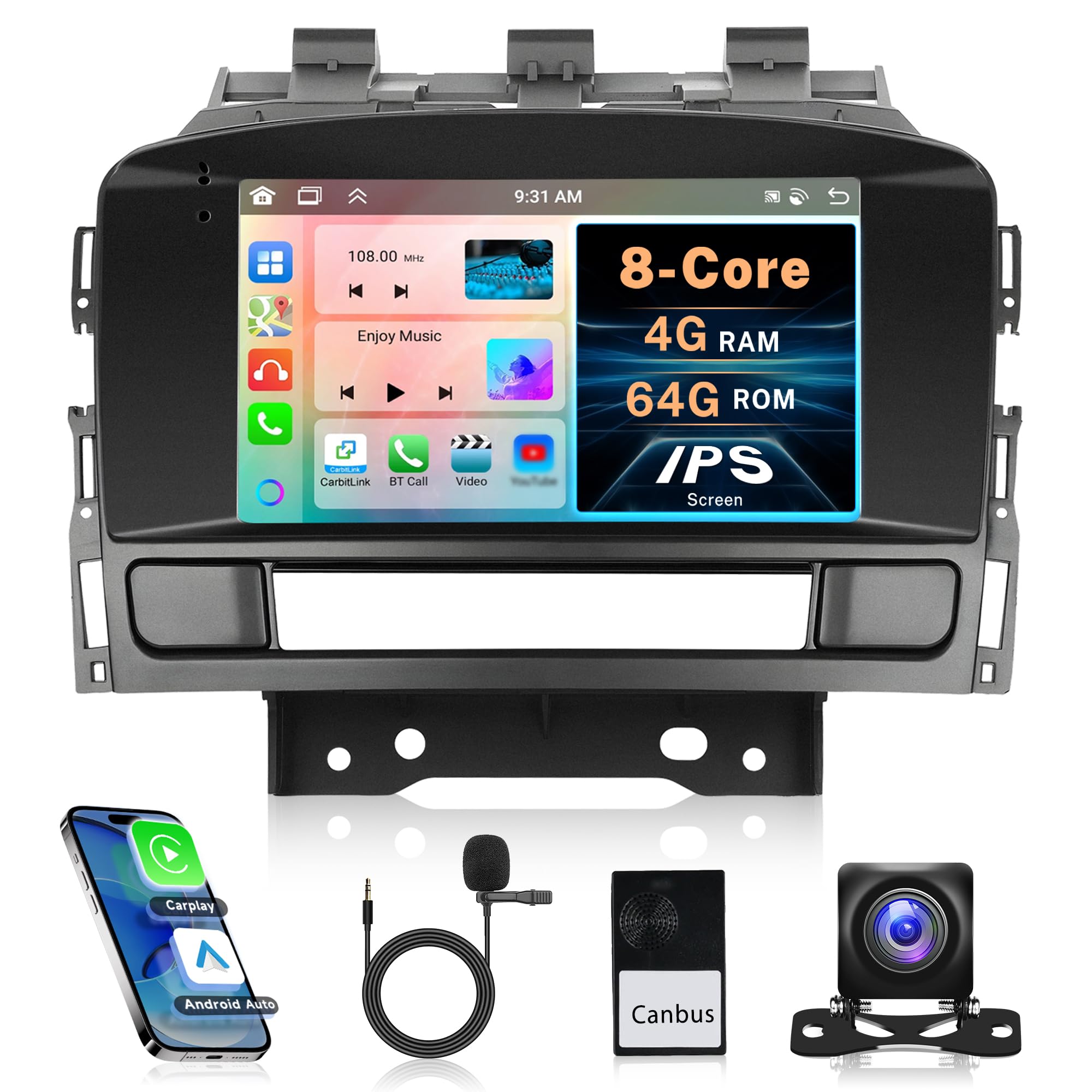 4G 64G Android Car Radio for Vauxhall Astra J Buick Excelle 2010-2014, Rimoody 7 inch Touch Screen Car Stereo Carplay/Android Auto/GPS/Wifi/SWC/Bluetooth/FM RDS + Backup Camera